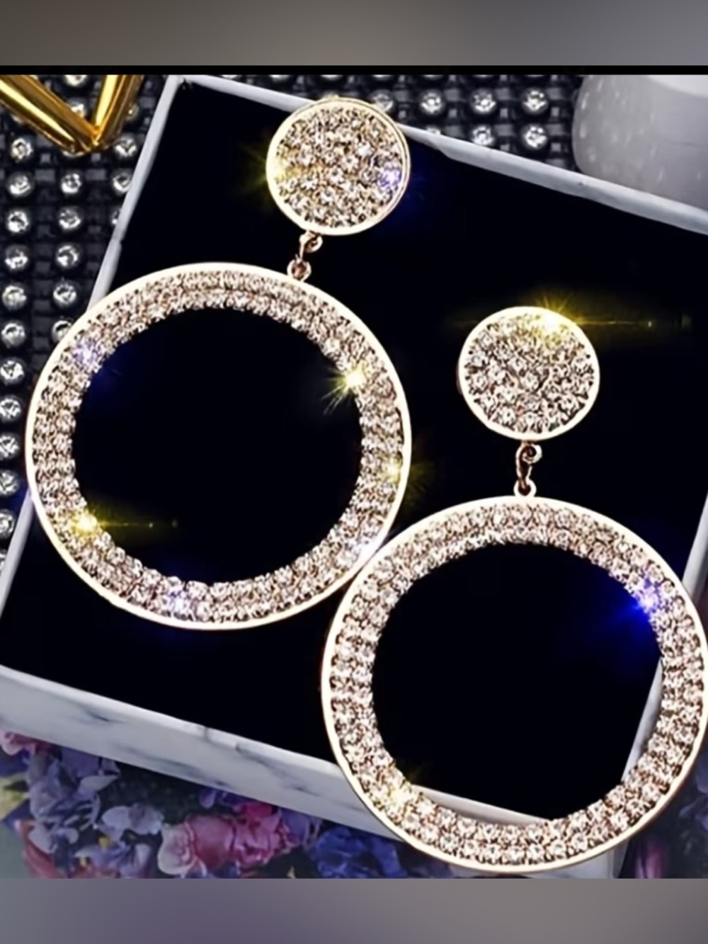 Silver Crystal Hoop Drop Earrings - Sparkling Silver Statement - Picture 2 of 3